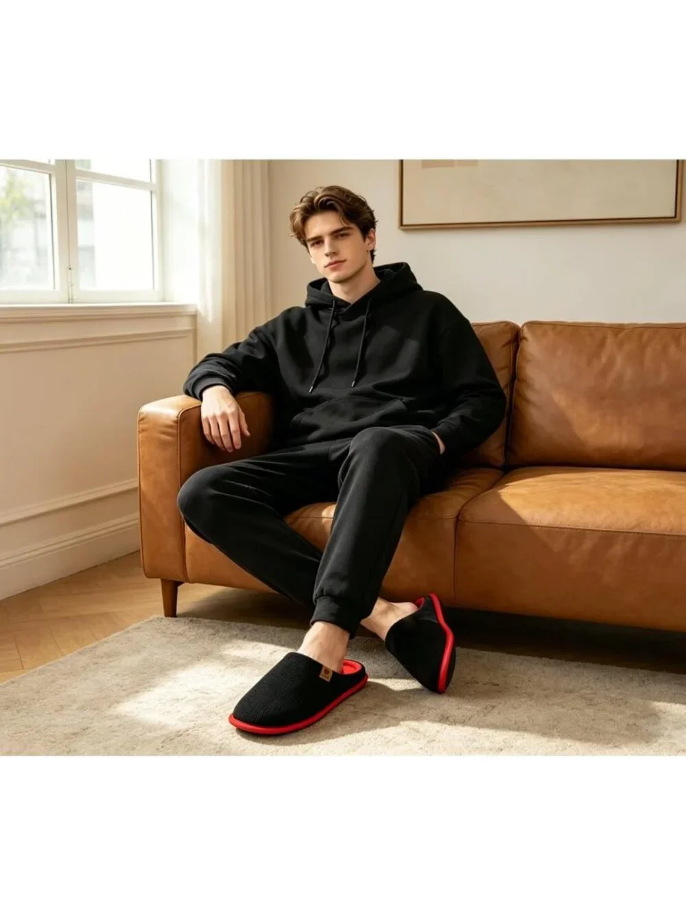 Mens Black And Red Cushion Foam Shake Fleece Faux Fur Lining House Slipper Shoes